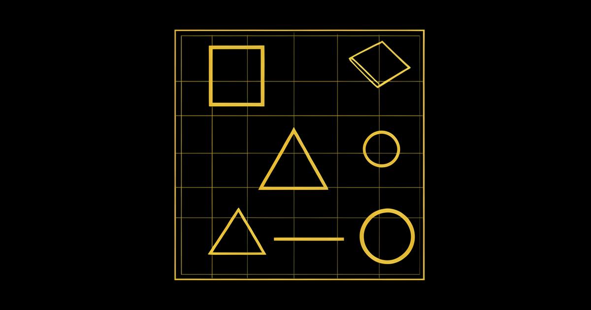 Grid of simple geometric shapes drawn in yellow outlines on black