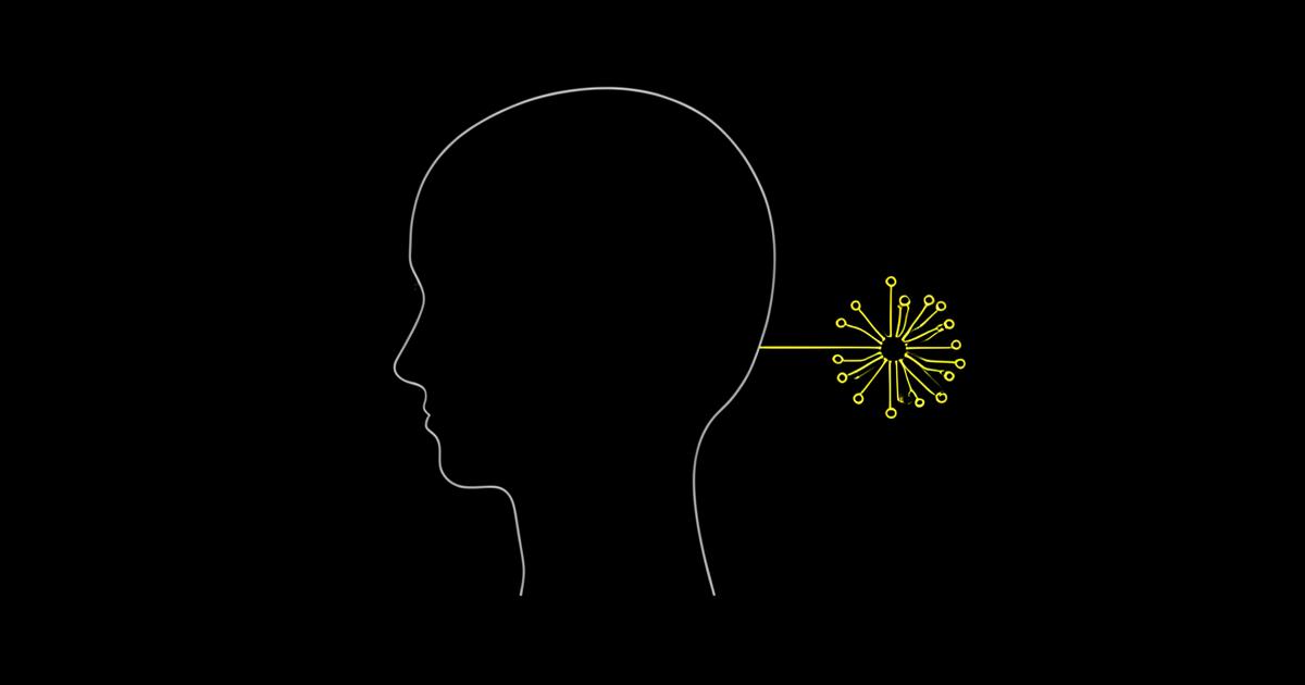 Outline of a human head profile linked by a single line to a small node cluster