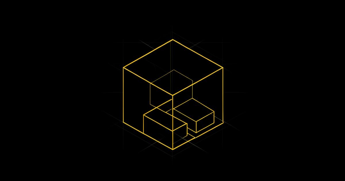 Wireframe cube being assembled from a few simple blocks