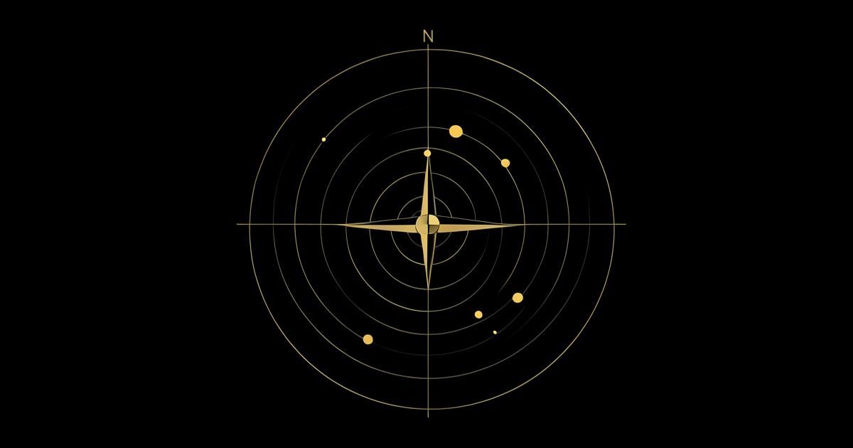 Compass and radar diagram with scattered marker points in yellow