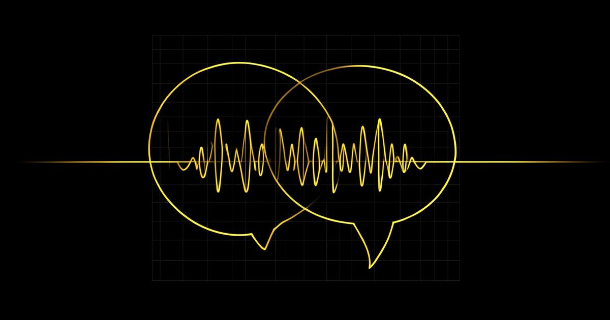 Two overlapping speech bubble outlines with a sound wave running through them