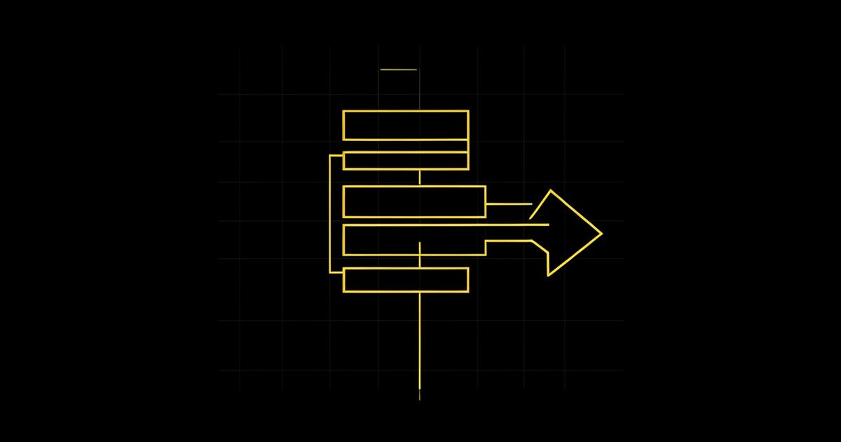 Flow diagram of stacked input blocks feeding a single output arrow in yellow